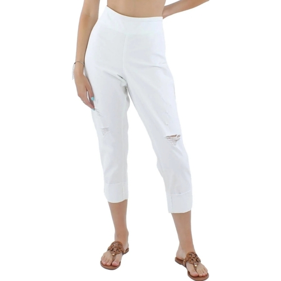INC International Concepts Women's Mid Rise Ripped Straight-Leg Pull-On Jeans - Picture 1 of 6